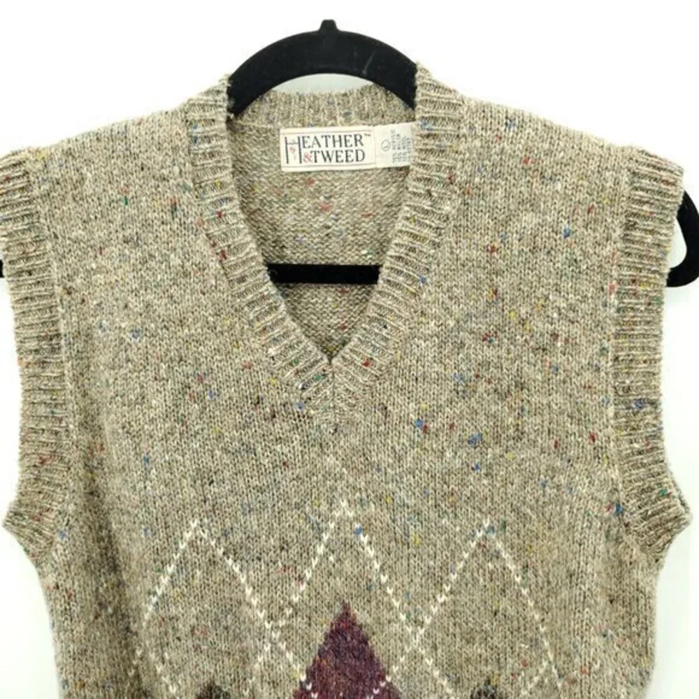 VTG Heather & Tweed Argyle Print V-Neck Sweater Vest L Tan/Brown